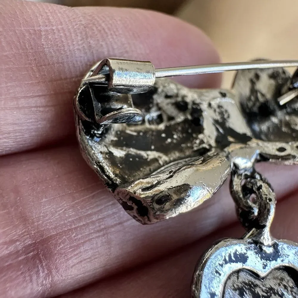 VTG Bow Ribbon Brooch Pin 1.5 Inch Dangle Heart Onyx Marcasite 925 Sterling 9.9g